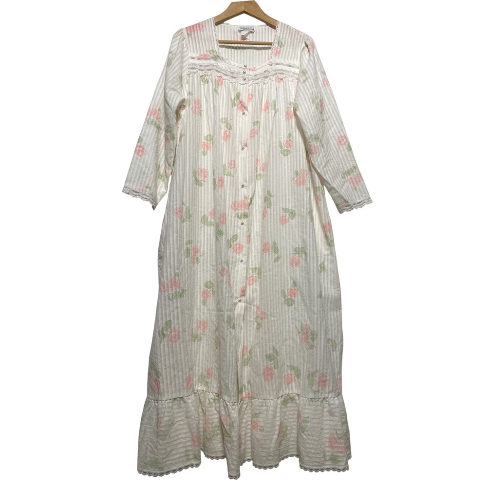 VTG Willow Creek Long Rose Stripe Lace Trim Button Up Nightgown Sz M Cottagecore
